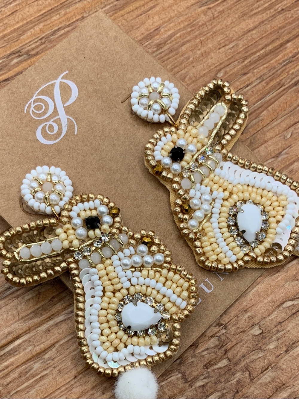 Plunder Design Cotton Tail Cutie White Gold Bunny Beaded Statement Earrings